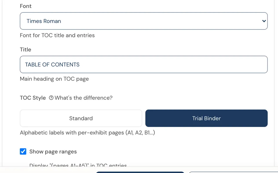 The contents style choice set to Trial Binder: alphabetic labels with per-exhibit pages A1, A2, B1, and Show page ranges ticked