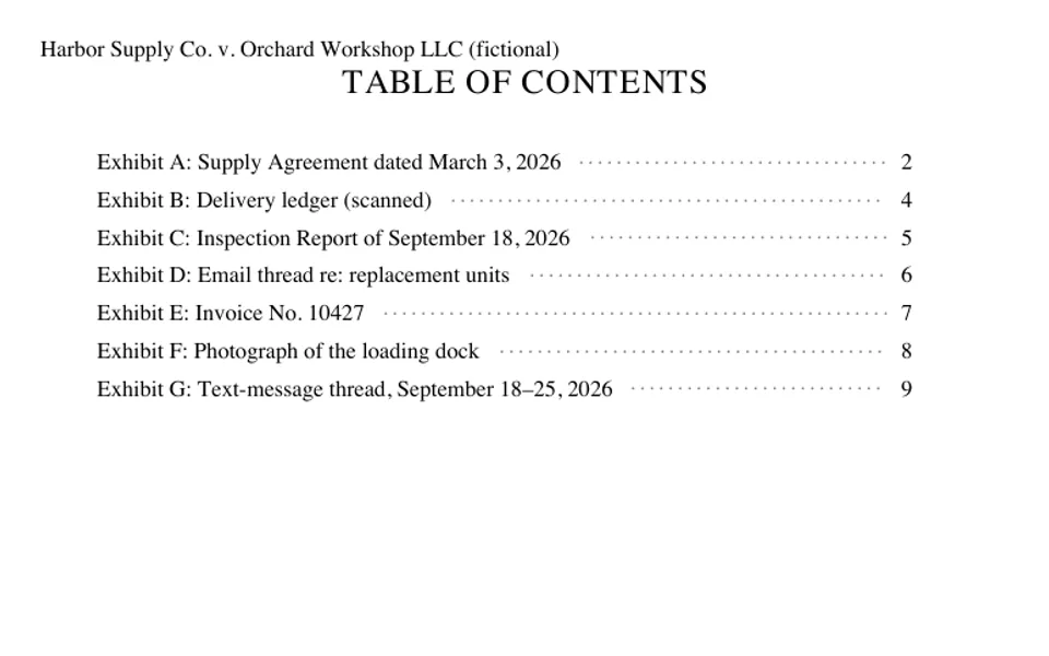 The contents page of the combined demonstration packet: the case caption, then Exhibit A to F with their titles and page numbers