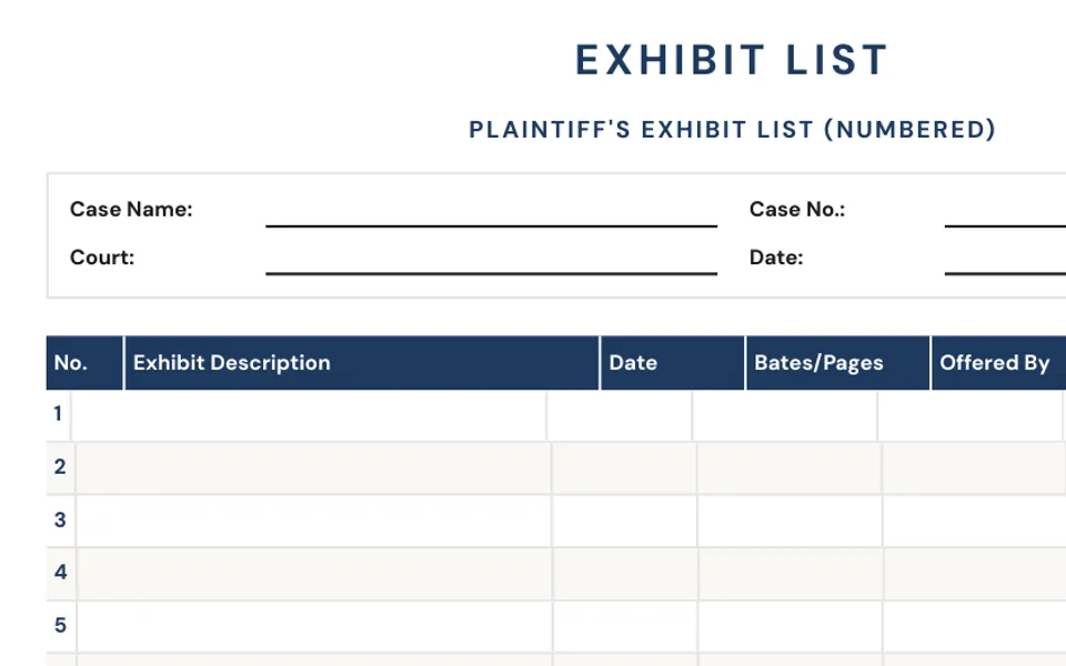 The exhibit list template: case name, court and case number fields above a numbered table of exhibits