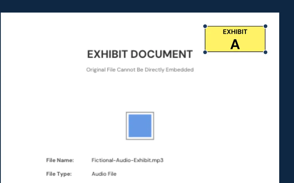 A generated slipsheet page for an audio file, stamped Exhibit A at the top right